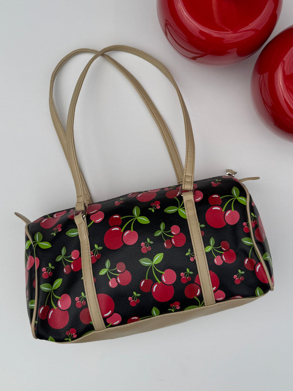 Black Cherry Print Barrel Bag