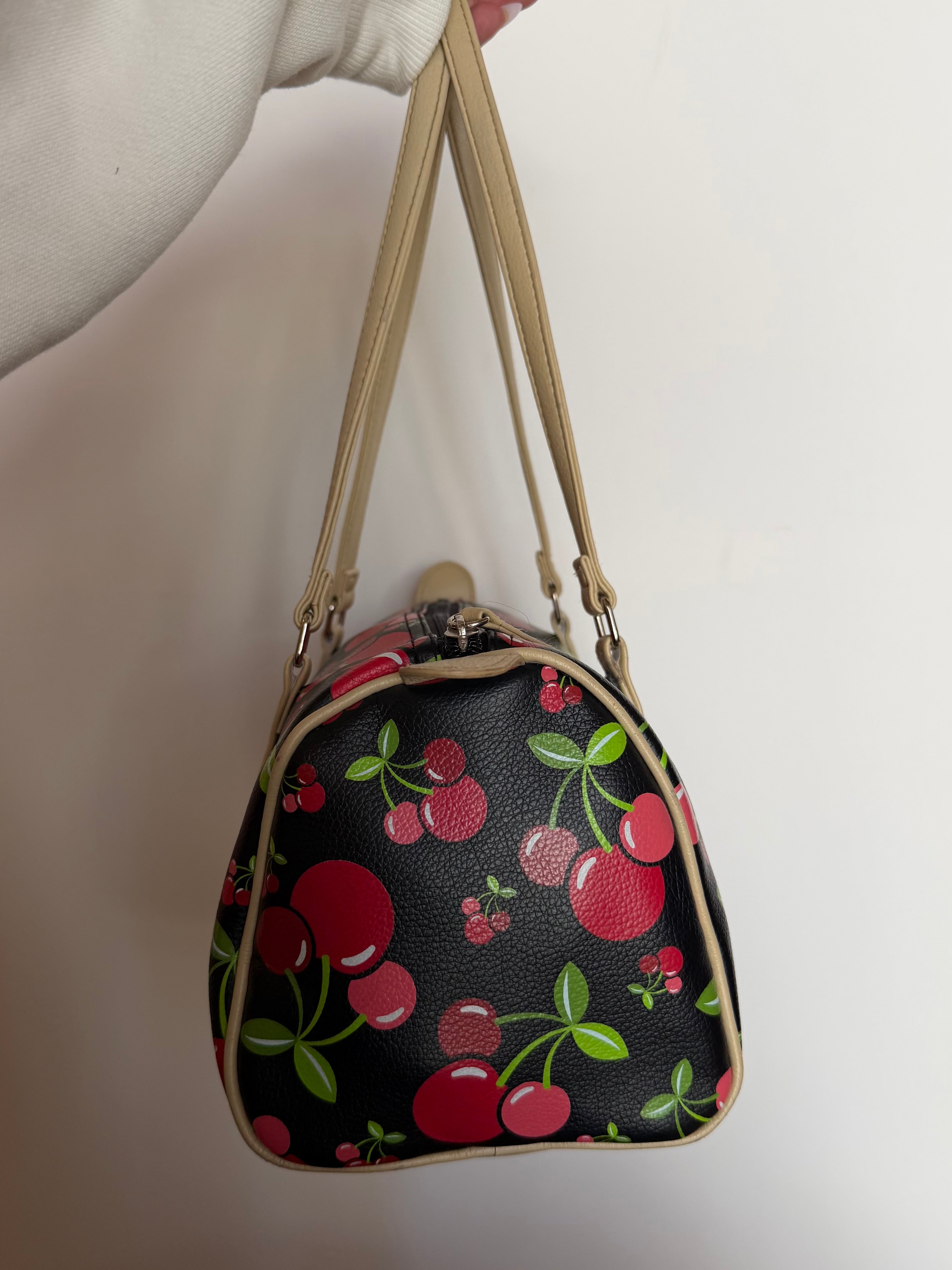 Black Cherry Print Barrel Bag