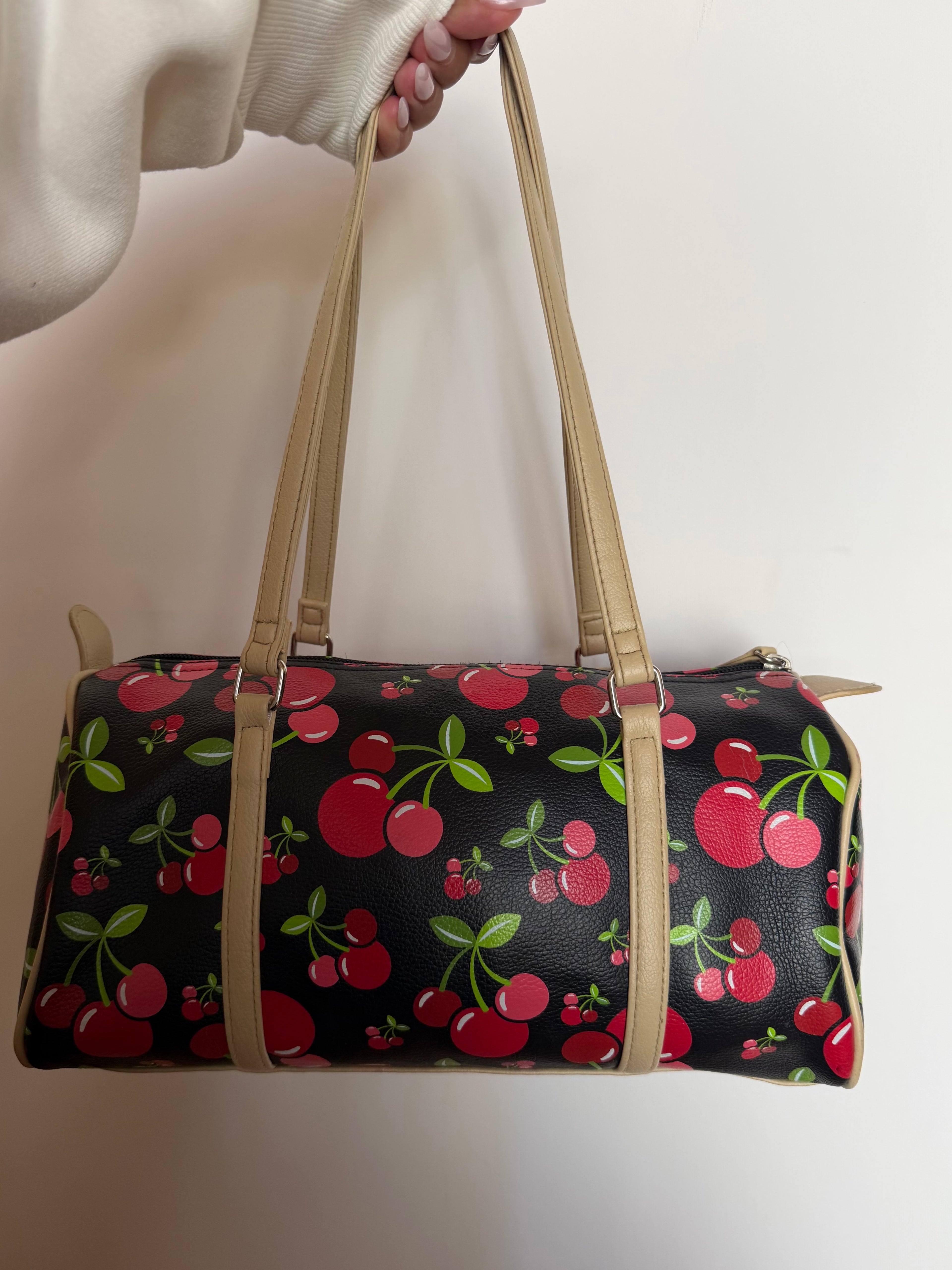 Black Cherry Print Barrel Bag